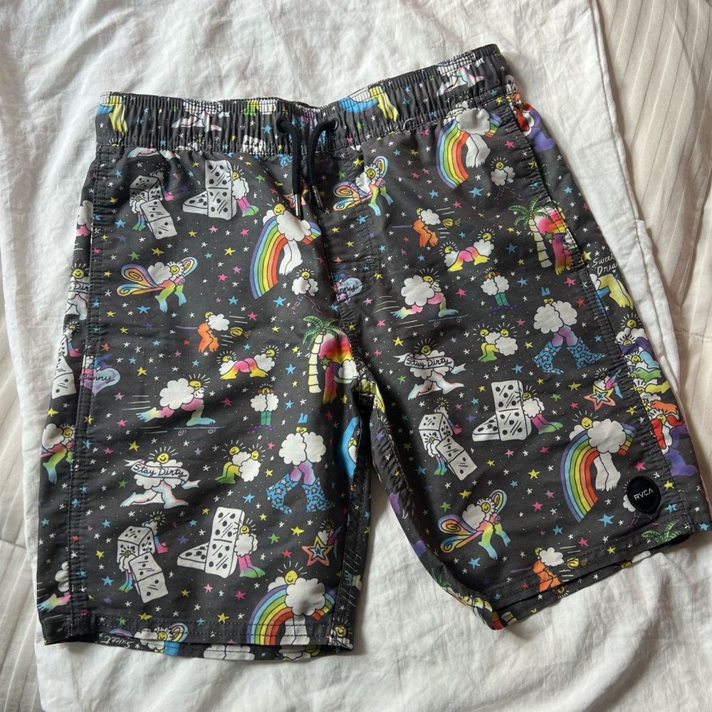 RVCA Kids Black Board Shorts with Rainbow and Star Print